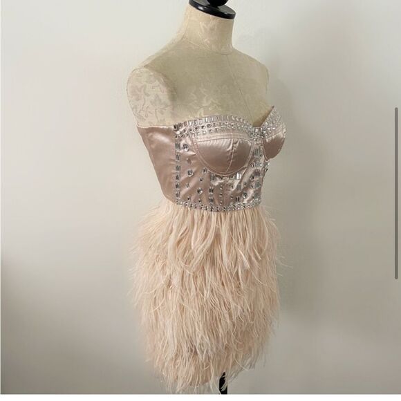 Lipsy Strapless Feather Rhinestone Mini Dress XS Pink Party ⭐️ Bachelorette NYE - Picture 5 of 6